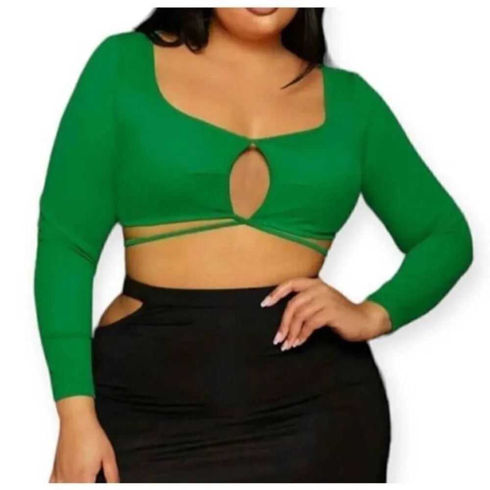 SHEIN SXY Plus Square Neck Cut Out Tie Back Crop Top Green Sz.3XL NWT.